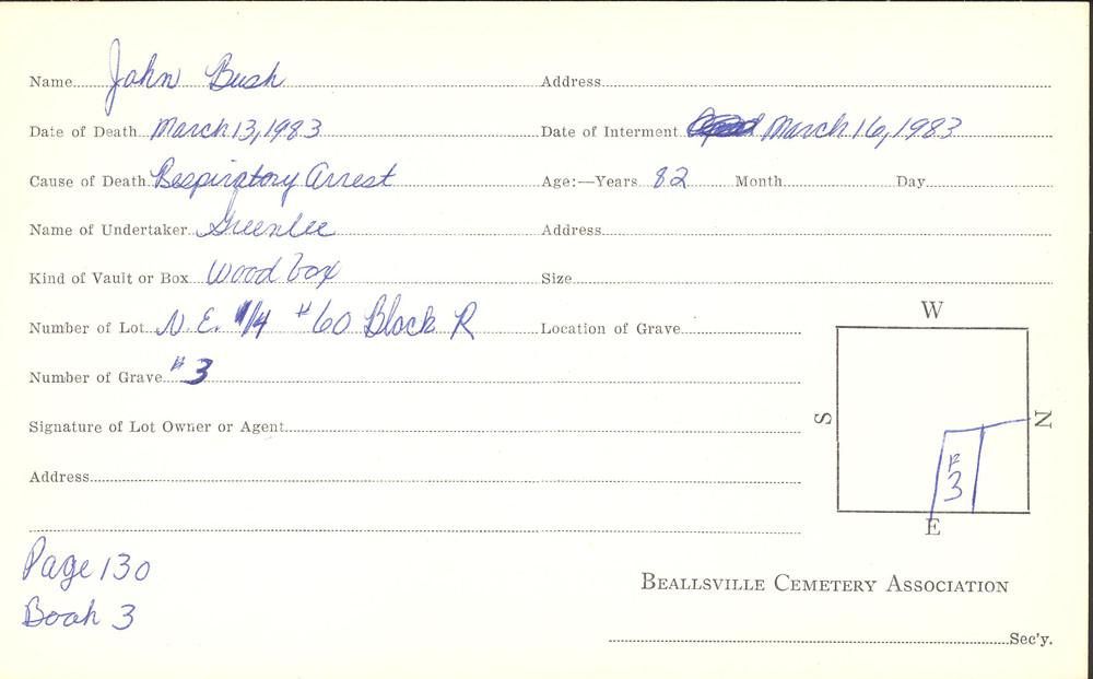John Bush burial card